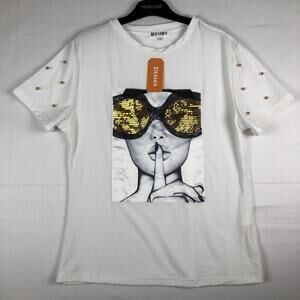 Pesion Womens short sleeve graphic sequin black/gold/white blouse Large Pls.Read